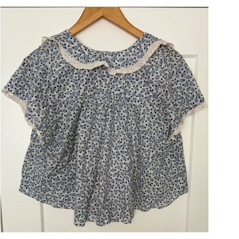 Free People Prairie Cottage Peter Pan Collar Blue Floral Lace Button Down Top S